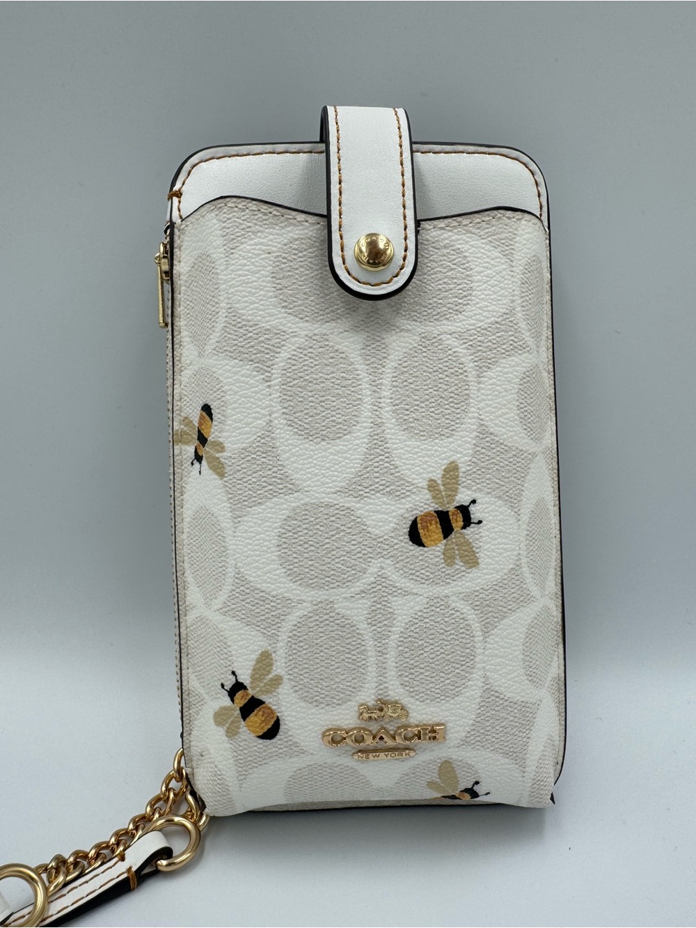 NWOT COACH Signature Bee Crossbody Phone Bag in Chalk, gold accents, bees 🐝